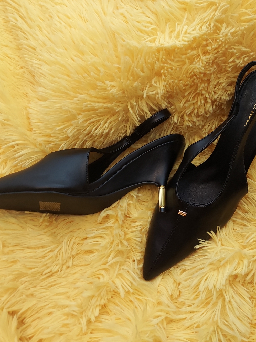 Black Pointed Slingback Pumps with Gold Accent